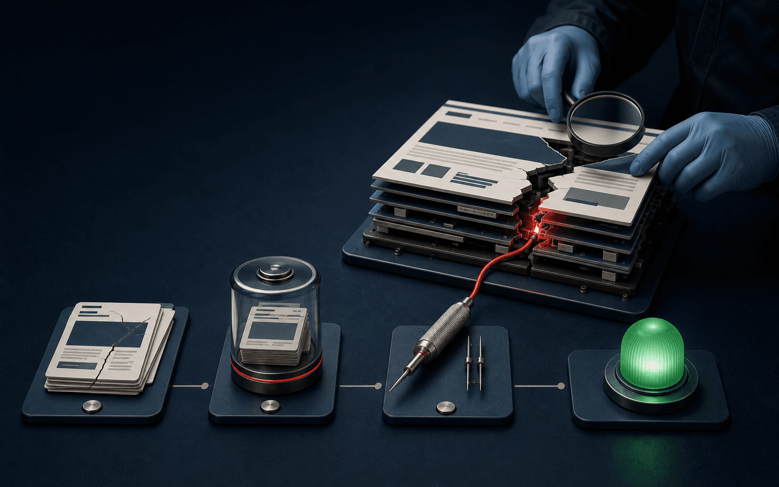 Technischer Reparaturtisch mit beschädigter Website, Sicherung, Präzisionswerkzeug und grünem Prüfstatus